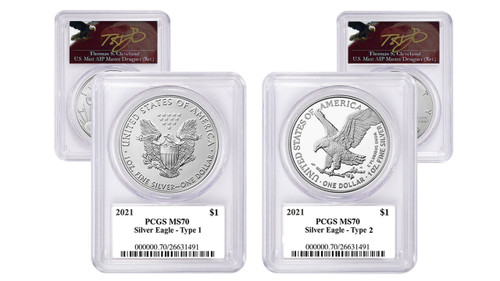 2021 ASE MS70 PCGS 2-coin Set Type 1 & Type 2 T Cleveland Angry Eagle