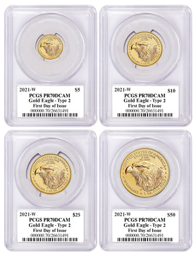 2021-W 4-coin Proof Gold Eagle Set ($5, 10, 25, 50) PR70 PCGS Type 2 FDOI T. Cleveland blue eagle