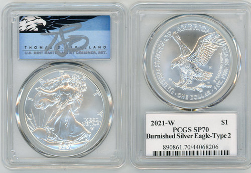 2021-W Burnished Silver Eagle SP70 PCGS Type 2 T. Cleveland blue eagle