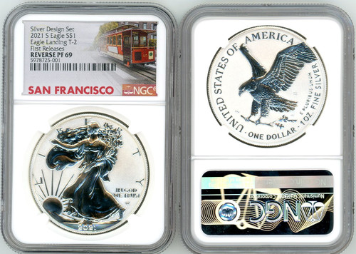 2021 S ASE Eagle Landing T-2 Rev PF69 NGC First Releases Silver Design Set San Francisco trolley label