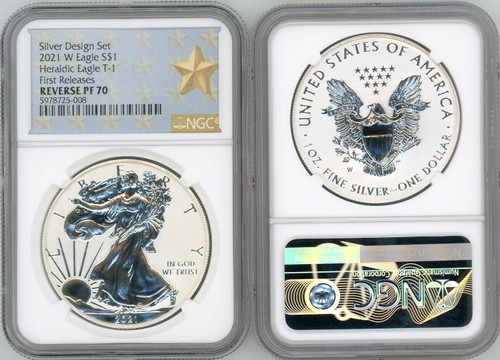 2021 W ASE Heraldic Eagle T-1 Rev PF70 NGC First Releases Silver Design Set star label