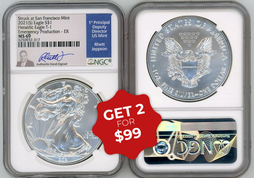 2021 (S) ASE MS69 NGC Heraldic Eagle T-1 Struck at San Francisco Emergency Prodution - ER Rhett Jeppson signed label