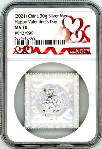 (2021) China 30g Silver Medal MS70 NGC Happy Valentine's Day #942/999