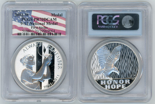 2011-W Silver Medal PR70DCAM PCGS 9-11 National Medal First Strike flag label