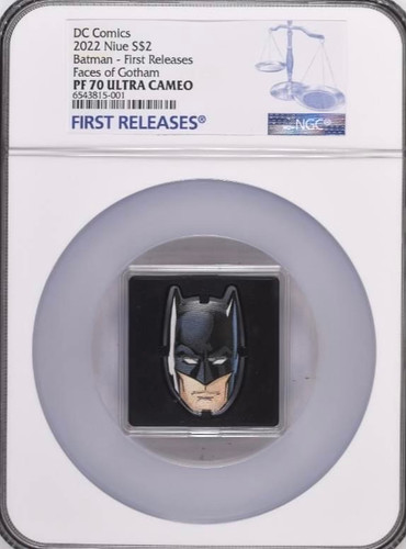 2022 $2 Silver Niue PF70 NGC Ultra Cameo DC Comics Faces of Gotham Batman - First Releases label