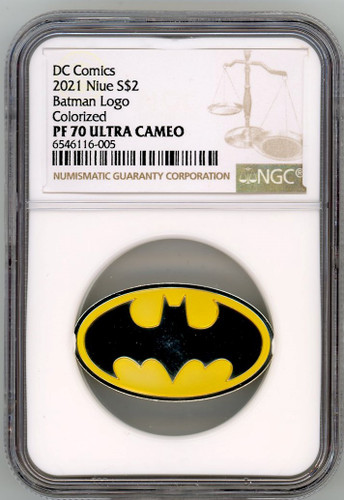 2021 $2 Silver Niue PF70 NGC Ultra Cameo DC Comics Batman Logo Colorized