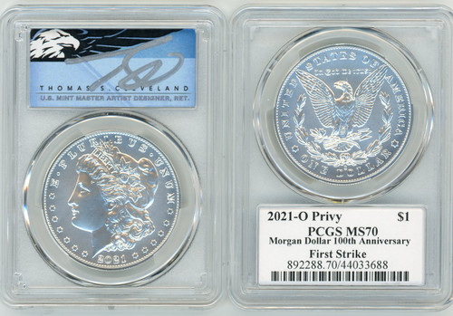 2021-O Privy Morgan Dollar MS70 PCGS 100th Anniversary First Strike T. Cleveland blue eagle