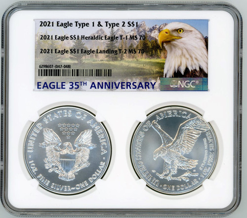 2021 (2-Coin slab) Heraldic Eagle T-1 & Eagle Landing T-2 MS70 NGC Eagle 35th Anniversary label 