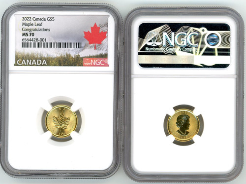 2022 $5 Gold Canada Maple Leaf MS70 NGC Congratulations leaf label