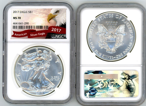2017 $1 Silver Eagle MS70 NGC eagle with red ribbon label