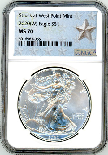 2020 (W) $1 Silver Eagle MS70 NGC Struck at West Point Mint silver star label