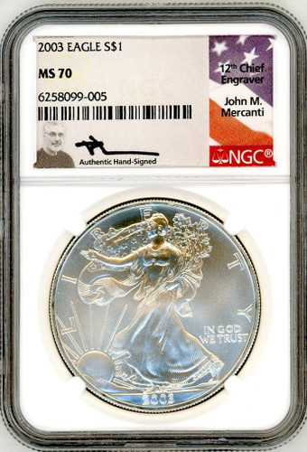 2003 $1 Silver Eagle MS70 NGC J Mercanti