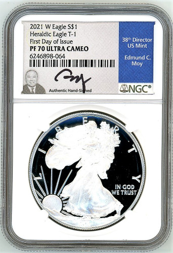 2021 W ASE Heraldic Eagle T-1 PF70 NGC Ultra Cameo FDOI Ed Moy