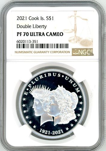2021 Cook Island Silver $1 Double Liberty PF70 NGC Ultra Cameo brown label