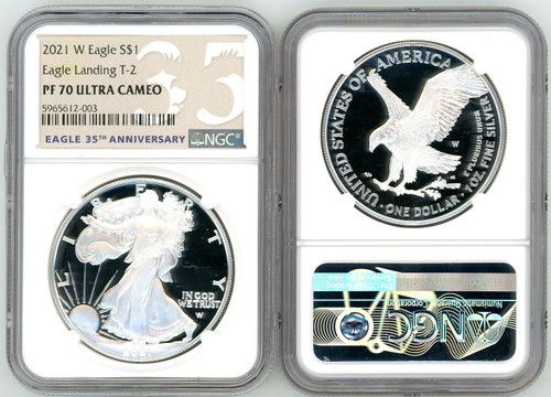 2021 W ASE PF70 NGC Ultra Cameo Eagle Landing T-2 Eagle 35th Anniversary 35 label