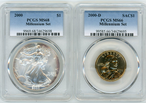 2000 Millennium Coin & Currency Set $1 ASE MS68/ $1SAC MS66 PCGS
