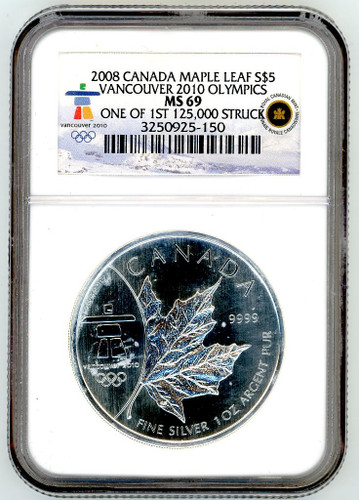 2008 Canada Silver $5 Maple Leaf Vancouver 2010 Olympics MS69 NGC One of 125,000 Struck