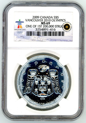 2009 Canada Silver $5 Vancouver 2010 Olympics MS69 NGC One of 1st 200,000 Struck