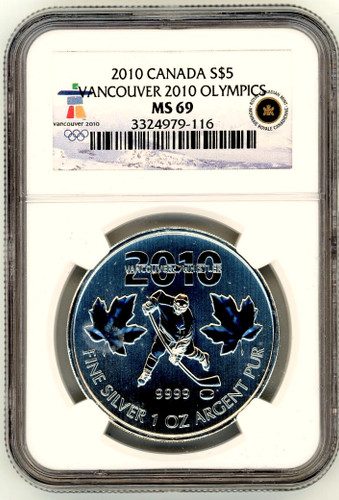 2010 Canada Silver $5 Vancouver 2010 Olympics MS69 NGC