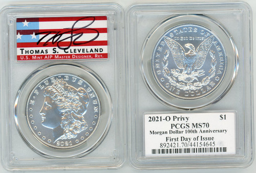 2021-O Morgan Dollar MS70 PCGS 100th Anniv FDOI T. Cleveland Americana Label