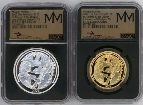 2022 3-Coin Set Ascension Island St. George & the Dragon PF70 NGC Ultra Cameo Modern Masters FDI - John Mercanti signed design