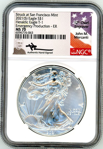 2021(S) $1 Silver Eagle MS70 NGC Struck at San Francisco Mint Emergency Production - ER J Mercanti