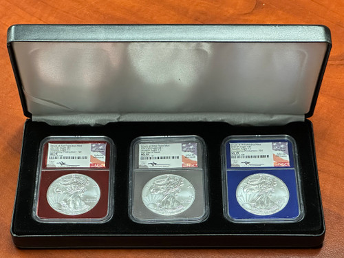 2021 (P, S, W) 3-Coin Set ASE MERCANTI T-1 MS70 NGC FDOI Red, Silver & Blue  Foil core