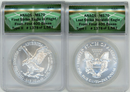 2021 2-Coin ASE Set MS70 ANACS Type 1 Last Stike Heraldic Eagle & First Strike Eagle in Flight From First 400 Boxes # of 1587 monster box label