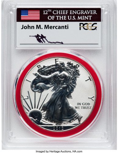 2012-S ASE 2-Coin Set Rev PR/PR70 PCGS 75th Anniv Struck at San Francisco Mint Engravers Series flag Mercanti, red gasket