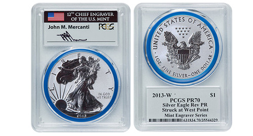 2013-W ASE Rev. PR70 PCGS Struck at West Point from Mint Engravers Series flag Mercanti, blue gasket