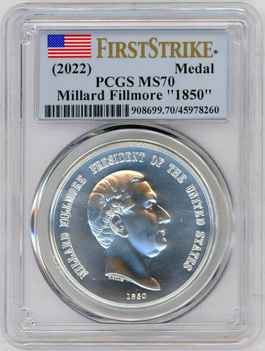 (2022) 1oz. Silver Medal US Mint Presidential Series MS70 PCGS flag First Strike Millard Fillmore