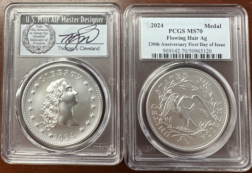 2024 Silver Medal Liberty Flowing Hair Ag MS70 PCGS 230th Anniversary FDOI T. Cleveland wreath
