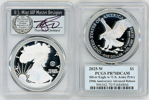 2025-W Proof ASE U.S. Army Privy PR70DCAM PCGS Advanced Release T. Cleveland wreath