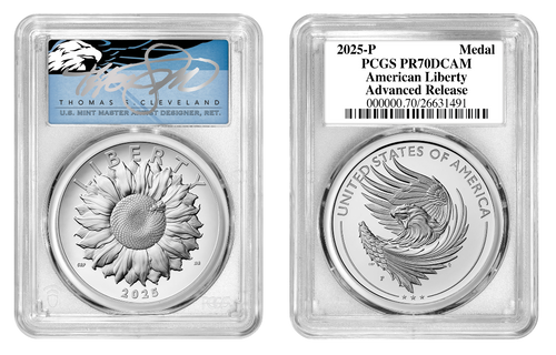 2025-P American Liberty Medal PR70DCAM PCGS Advanced Release T. Cleveland blue eagle