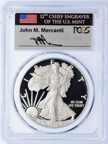 2018-W Proof Silver Eagle PCGS PR70DCAM First Day of Issue FUN SHOW flag Mercanti