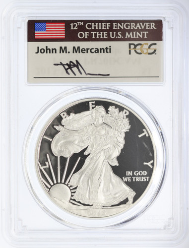 2013-W Proof Silver Eagle PR70 PCGS John Mercanti signed flag label