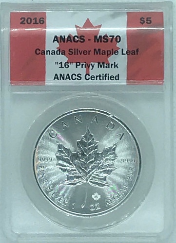 2016 $5 Silver Maple Leaf MS70 ANACS "16" Privy Mark