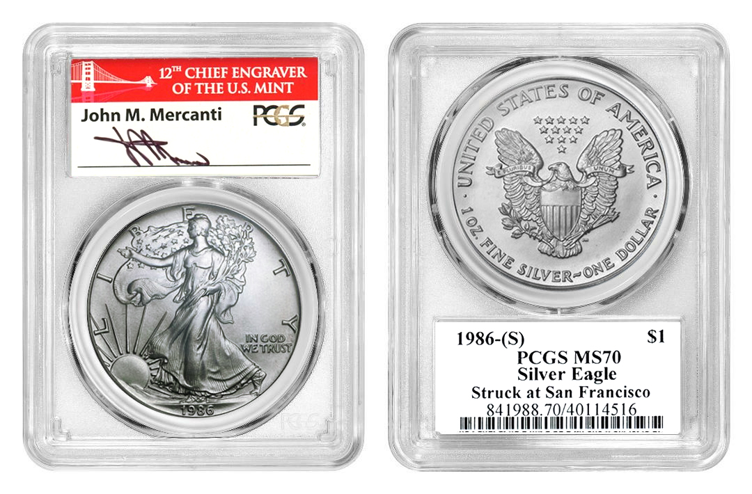 1986-(S) $1 Silver Eagle MS70 PCGS Struck at San Francisco Mercanti red