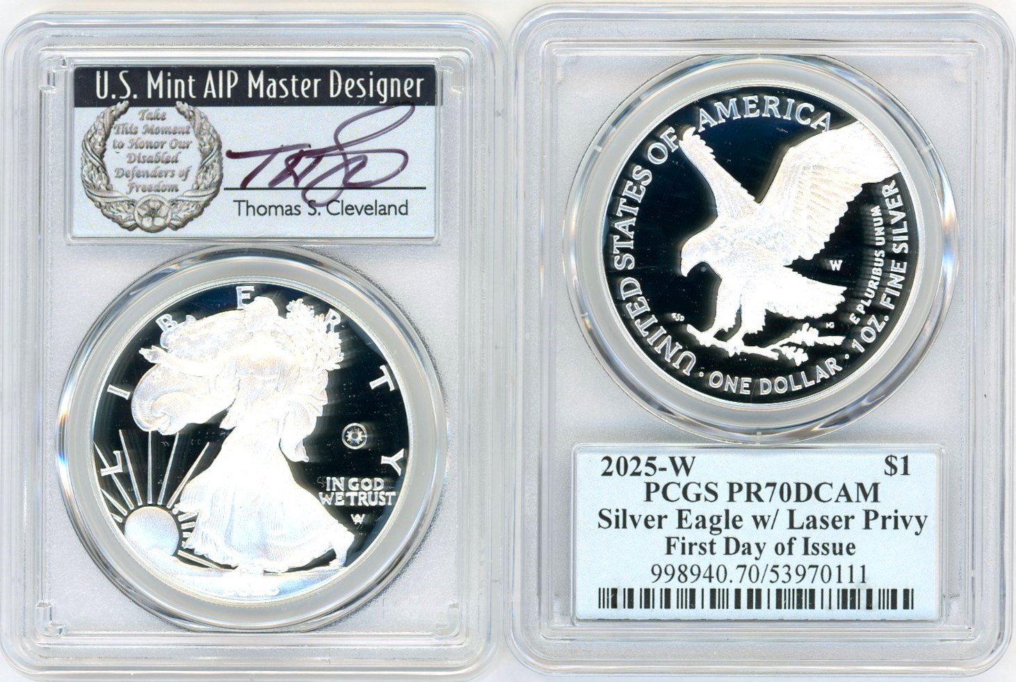 2025-W ASE w/Laser Privy PR70DCAM PCGS FDOI T. Cleveland wreath