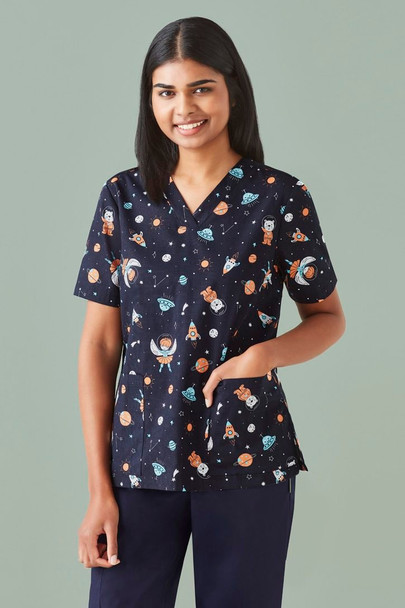 CST148LS - Womens Space Party Scrub Top - Biz Care  sold by Kings Workwear  www.kingsworkwear.com.au