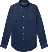 Slim-Fit Button-Down Collar Linen Shirt (Navy)----46128359903068642