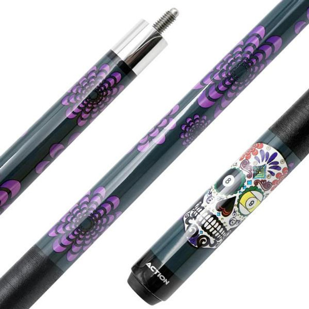 Action CAL03 Sugar Skull Pool Cue with purple floral design Action CAL03 Sugar Skull Pool Cue with purple floral design