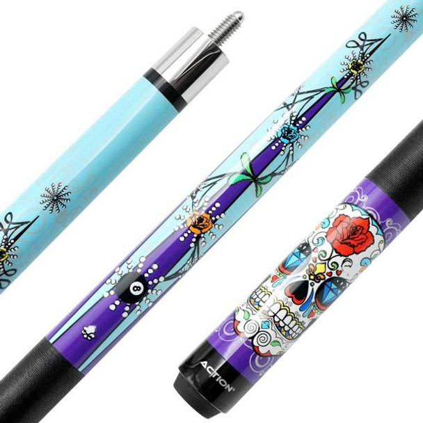 Action CAL04 Pool Cue aqua blue and purple sugar skull design Action CAL04 Pool Cue aqua blue and purple sugar skull design