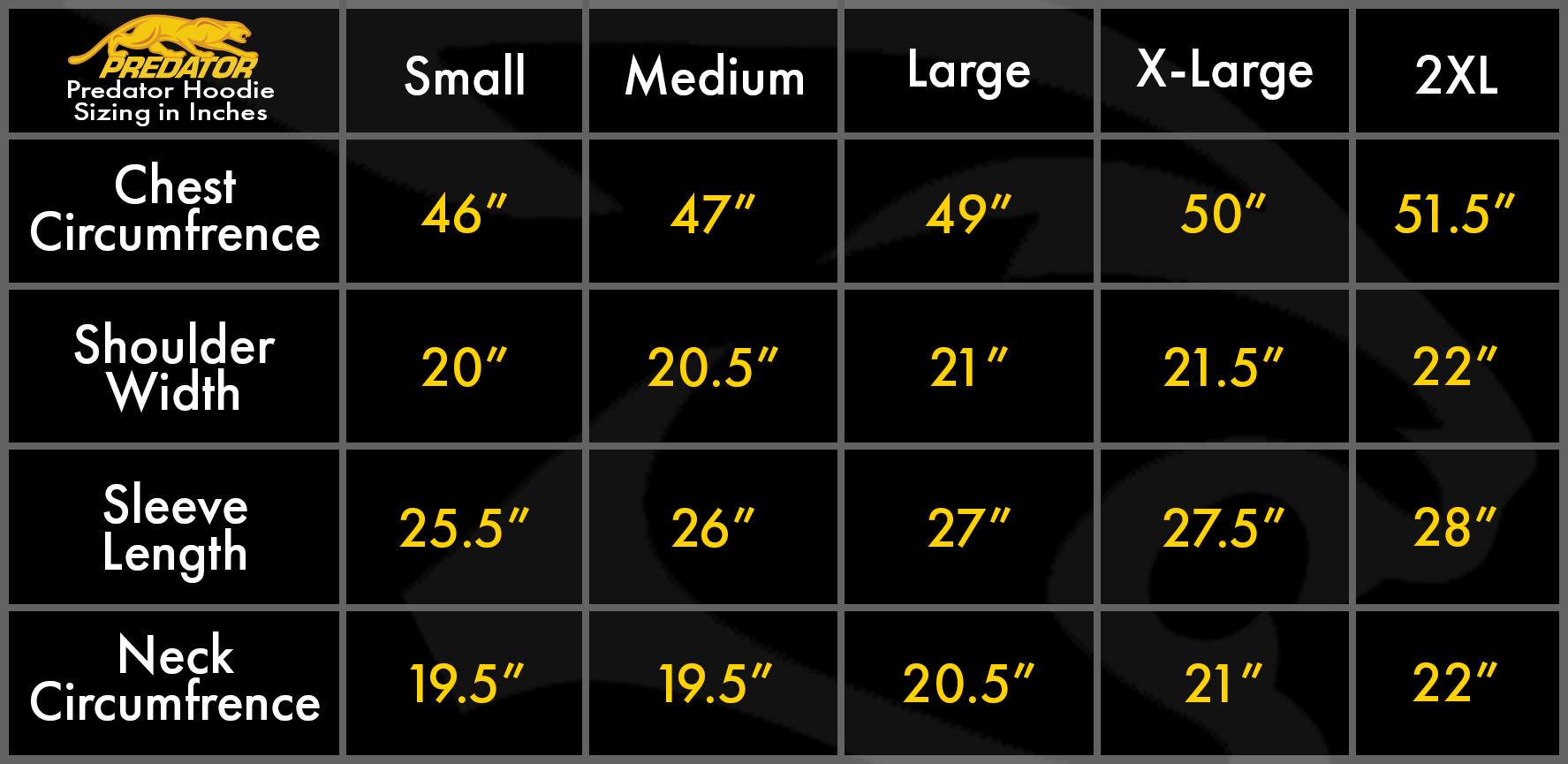 Predator Hoodie Size Guide