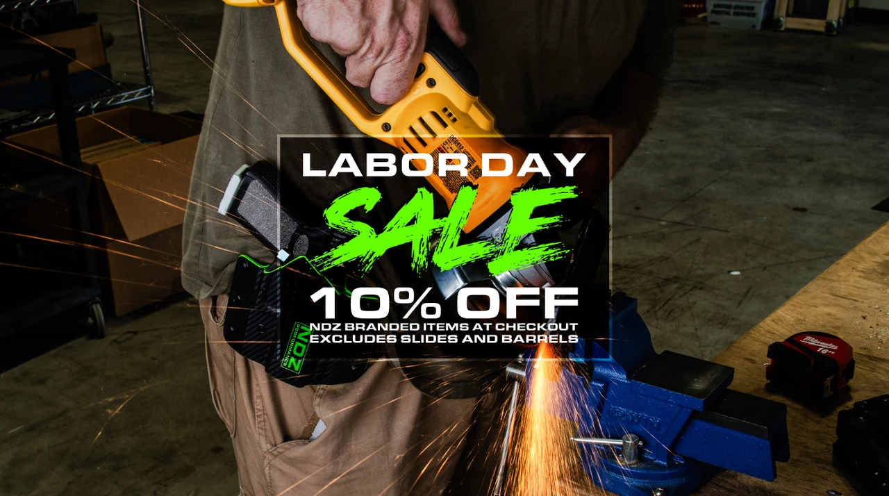 NDZ Labor Day Sale 10% off hero banner with Justin from NDZ working with a handheld grinder over a blue vice