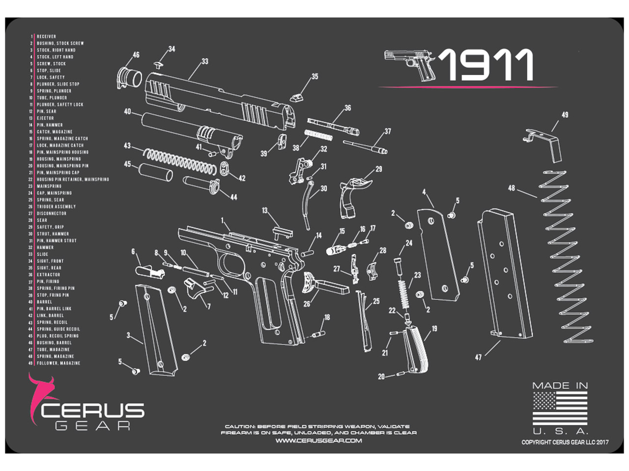 Cerus Gear Pistol Mat for 1911 Schematic Promat Grey Pink | NDZ