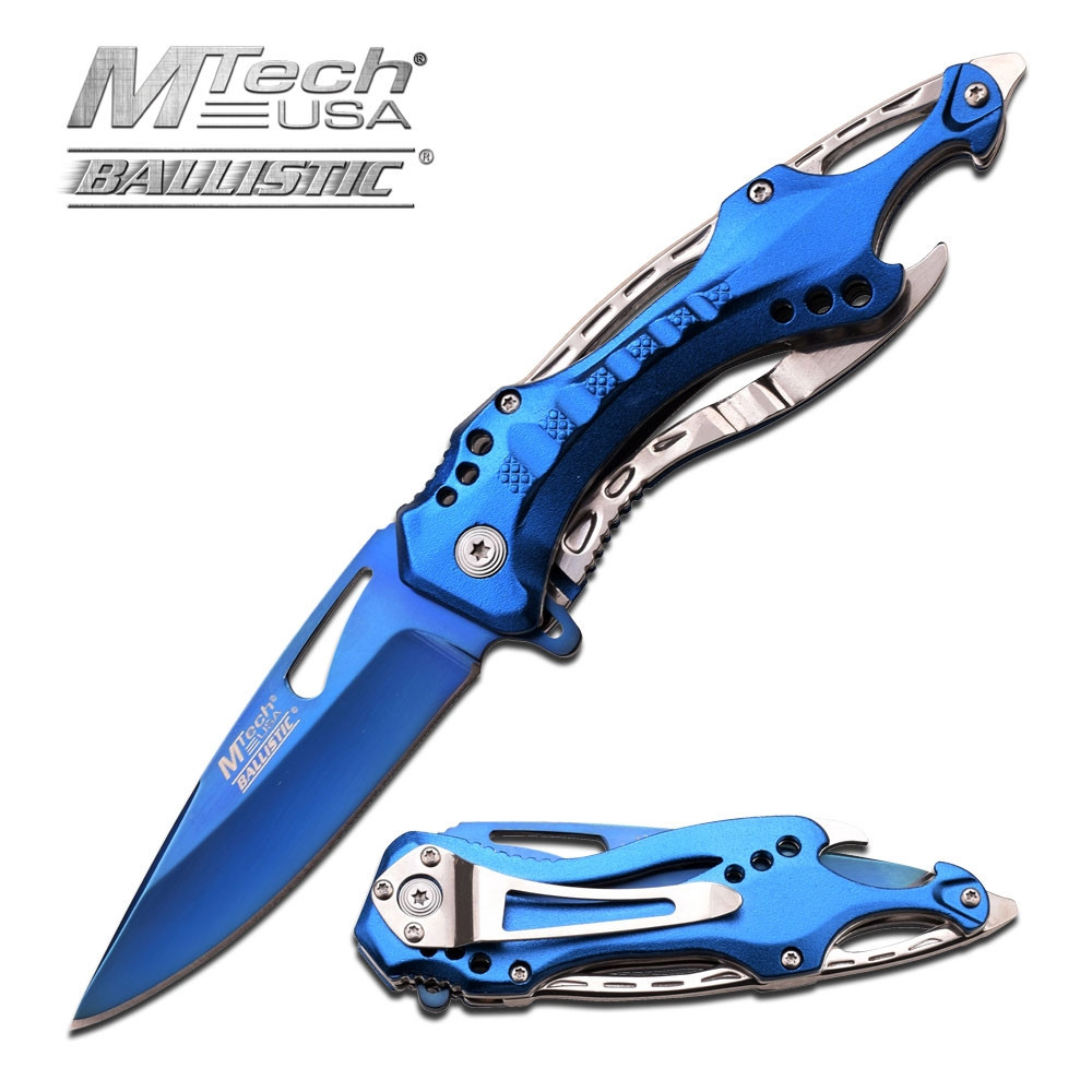 Mtech Skeleton Spring Assisted Knife Blue Silver MT-A705SBL | NDZ
