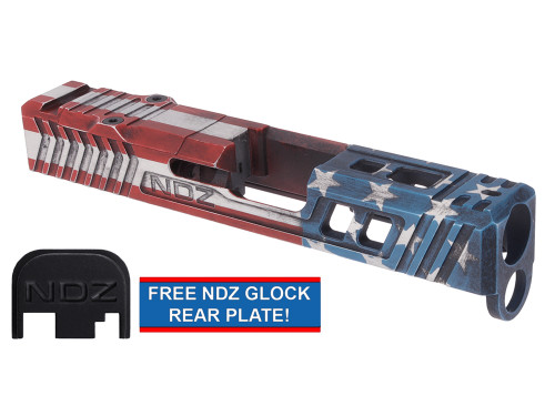NDZ26 T.R.O.I. Slide Upgrade For Glock 26 GEN 1-4 With RMR Cut And Plate in Battle Worn Red White & Blue US Flag Cerakote - Complete Kit