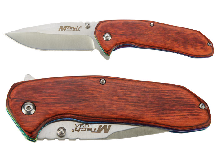 Mtech Spring Assisted Folding Knife - Silver - Brown Wood Slim Sleek EDC 3" Blade - Blade Open and Closed