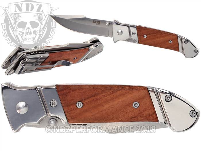 SOG Fielder Folding Knife FF30-CP - Mirror Polish 3.3" Blade, Wood & Stainless Steel Handle